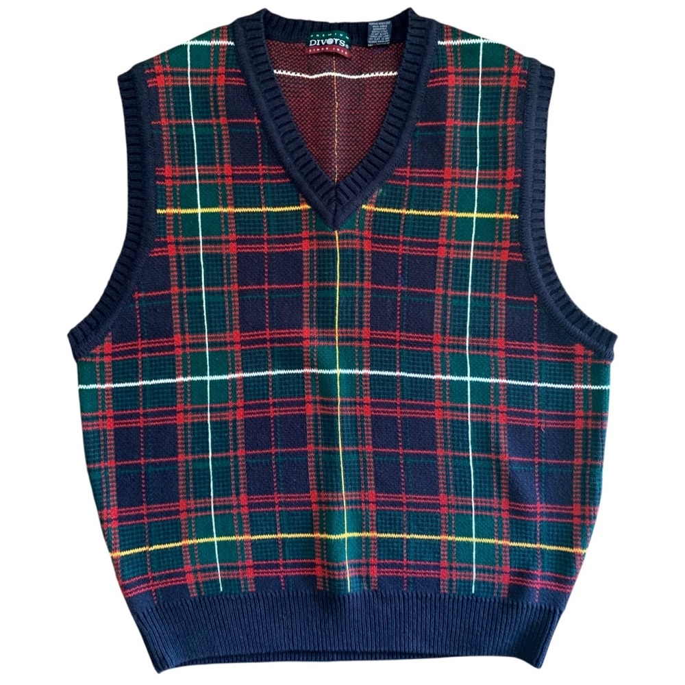 Vintage Divots Men's Large Plaid Tartan Sweater Vest 100% Cotton 90s Golf Preppy